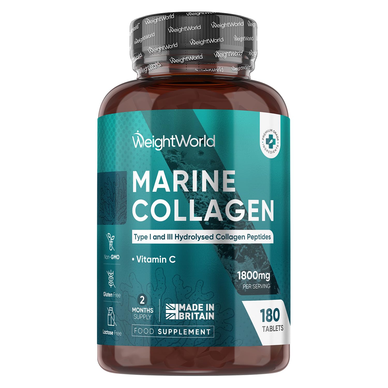 Hydrolysed Marine Collagen Tablets 1800mg for Women & Men - Type I & III Peptides - 180 Gluten-Free & Lactose-Free Table