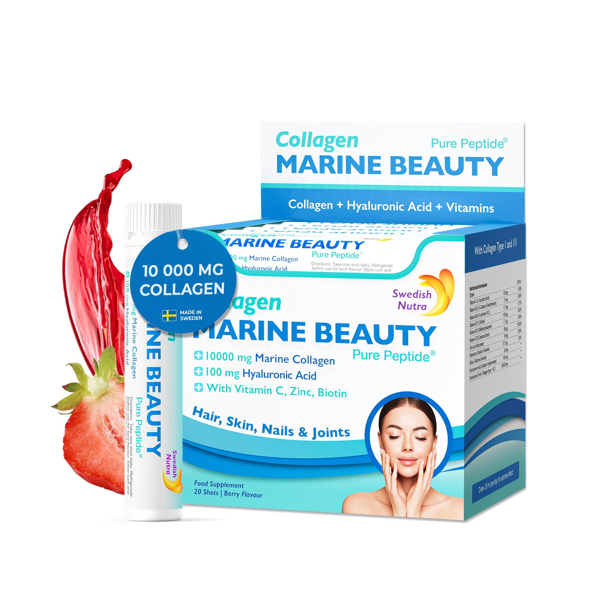 Swedish Nutra Marine Beauty Collagen Shots (20 Shots) for Hair, Skin & Nails | Collagen Type 1 & 3 | 100% Delicious Natu