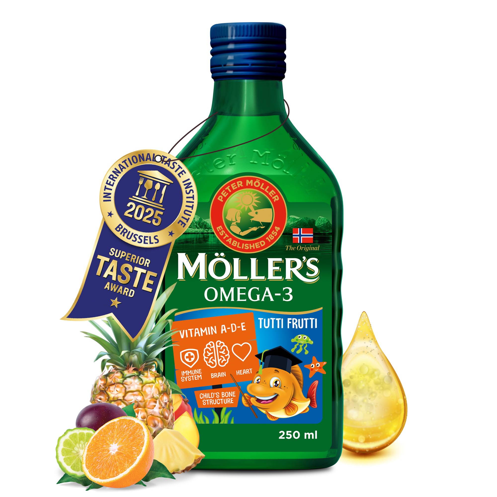 Moller’s Omega 3 for Kids Cod Liver Oil | Nordic Dietary Supplements | Tutti Frutti Taste | 250 ml  
Moller’s Omega 3 f
