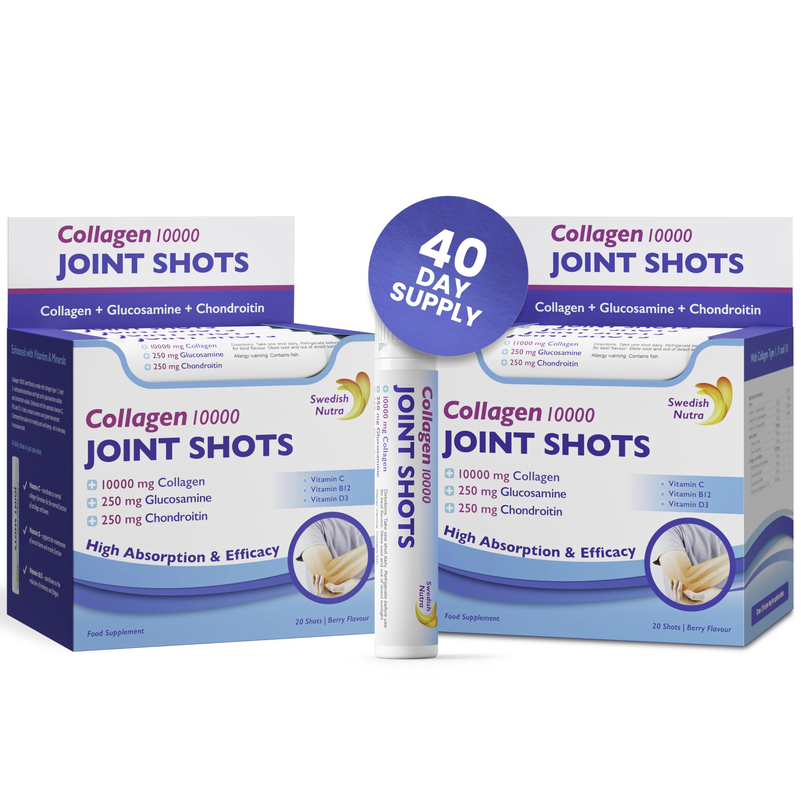 Swedish Nutra Joint Shots for Joints I 10,000 mg Collagen Type I, II & III I Glucosamine, MSM, Chondroitin & Turmeric I 